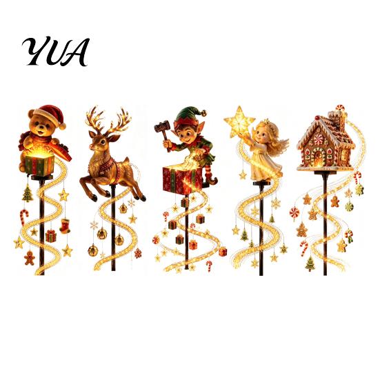 Christmas Yard Stakes with Elves Elk Solar Garden Stake Light, Cute Gingerbread House/Elf Boy/Bear Outdoor Waterproof Powered Lawn Ornaments