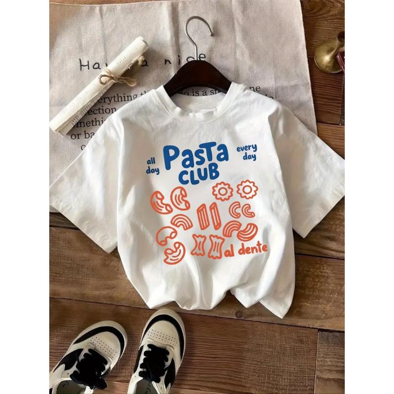 European sizes Food-themed "all Day Pasta CLUB Every Day Al Dente" Printed Short-sleeve Crewneck T-shirt for Boys and Girls