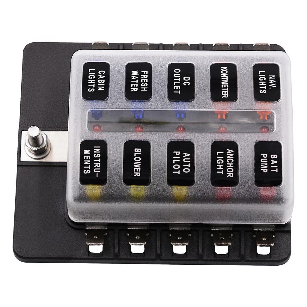 PC Terminal Block Type, 1 In 10 Out Fuse Boxes for Cars, RVs, and Ships, with LED Lights, 12-32V