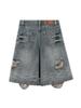 American Street Washed Blue Denim Shorts Y2k E-Girl High Waist Loose Wide Leg Jeans Fashion Hole Straight Knee Length Pants