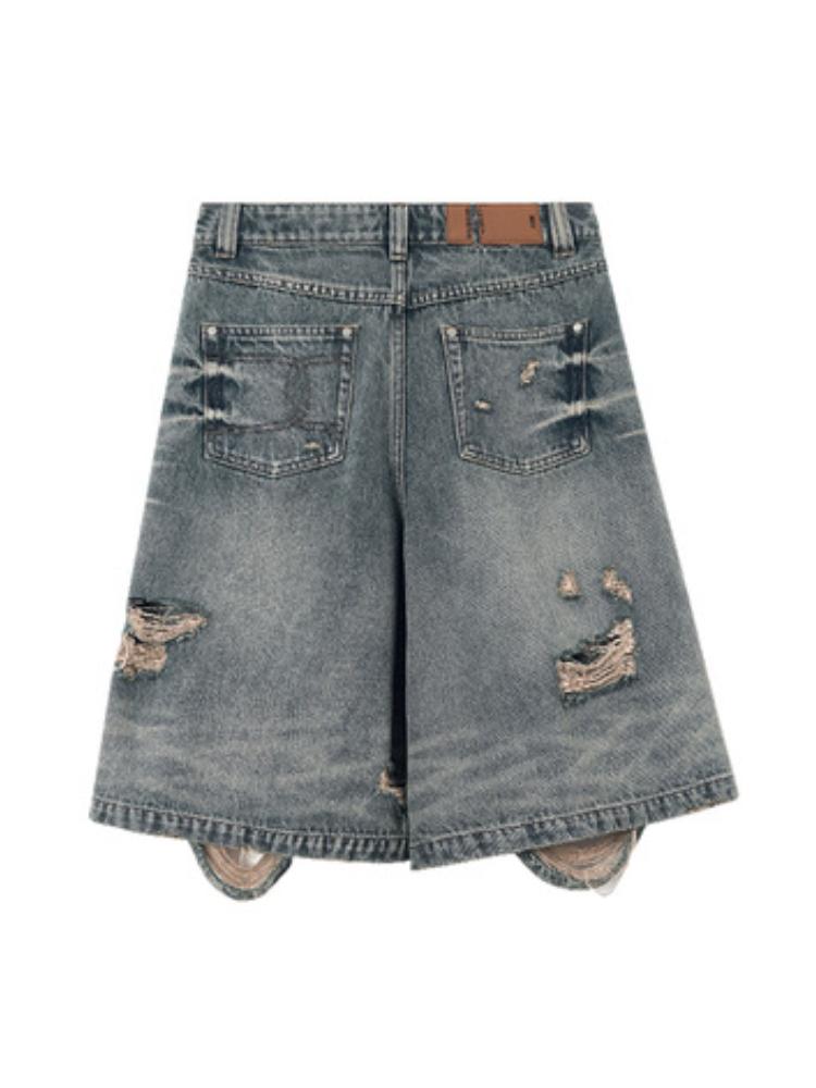 American Street Washed Blue Denim Shorts Y2k E-Girl High Waist Loose Wide Leg Jeans Fashion Hole Straight Knee Length Pants