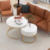 Круглый журнальный столик, Набор из 2 приставных столиков, Современный вложенный кофейный столик с ящиком, Золотистый мраморный узор, Диванные столики для спальни, балкона, офиса