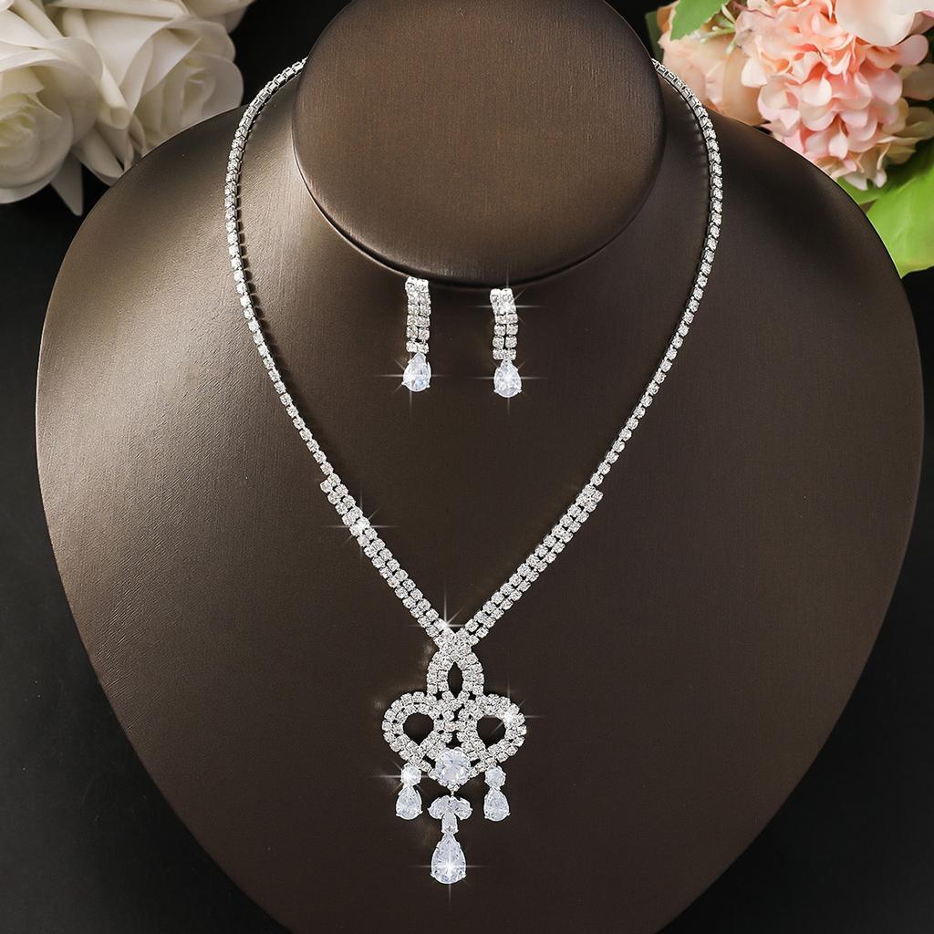 3PC Women's Fashion Copper Inlaid Diamond Claw Chain Water Drop Necklace Earring Set, Suitable for Wedding, Party, Festival Gift