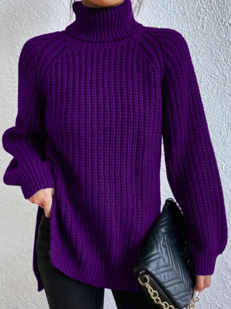 autumn and winter medium and long knitted sweater with shoulder sleeves and high lapel neck split ends. European and American sweaters and tops fo