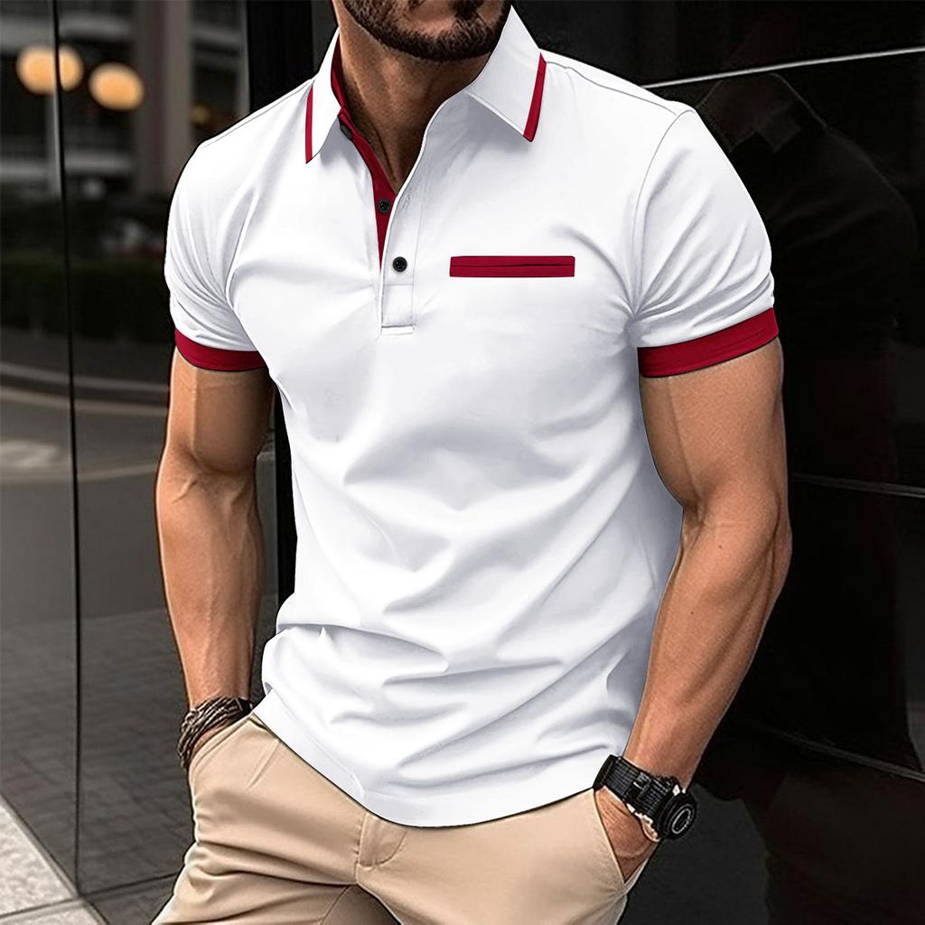 Men's Casual Polo Shirt Lapel Collar Striped Patchwork Business Solid Color T-shirts Men Short Sleeves Polos Shirts