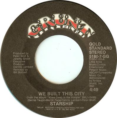 7-дюймовая пластинка STARSHIP We Built This City Sara 51807GG GRUNT 1986 США Рок Б/у