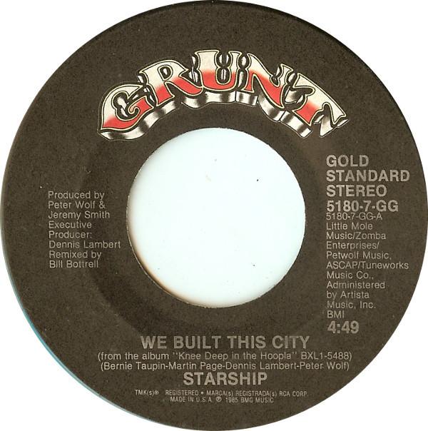 7-дюймовая пластинка STARSHIP We Built This City Sara 51807GG GRUNT 1986 США Рок Б/у