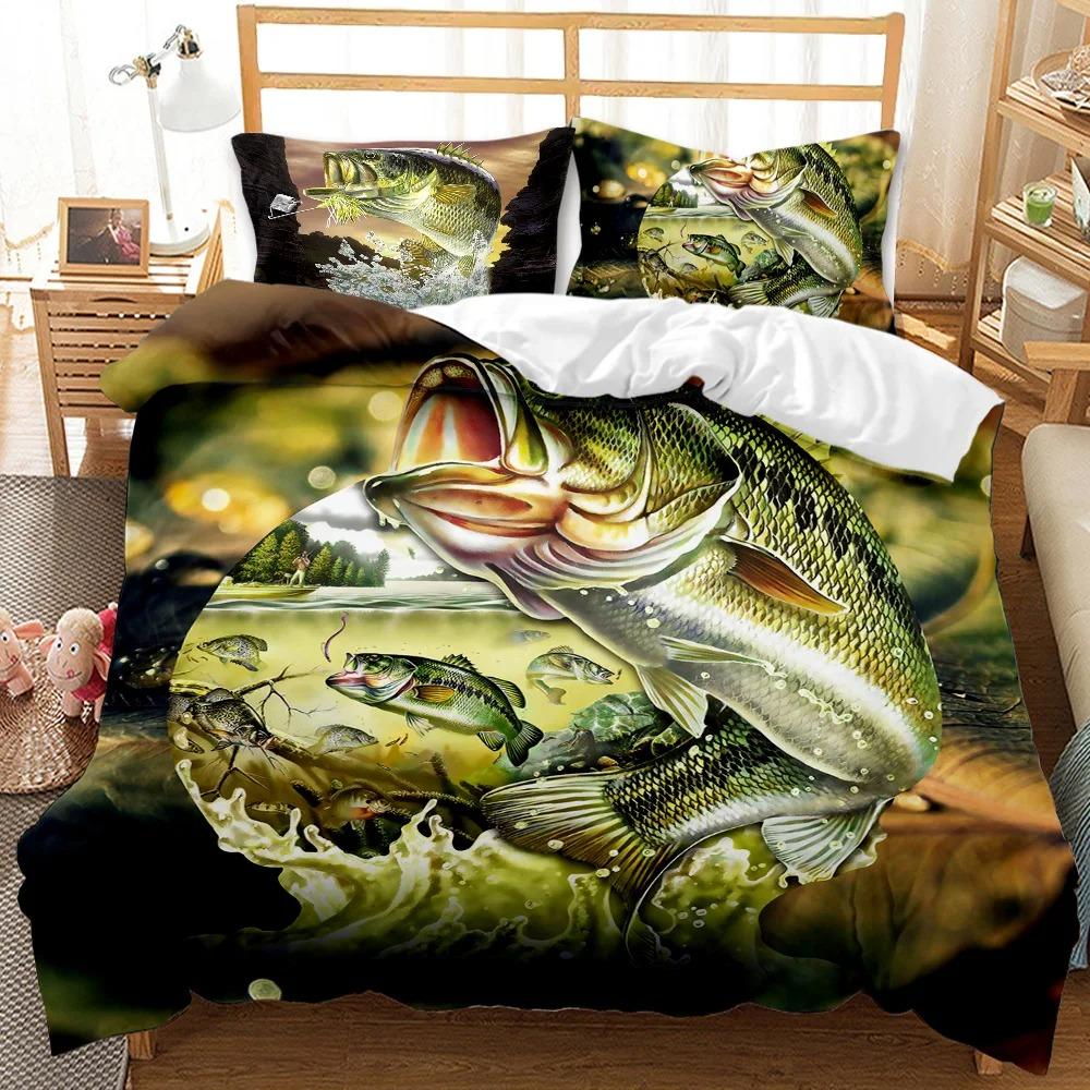3D Printed Big Pike Fishing Hunting Bedding Set Fishing Duvet Cover Double Twin Full Queen King Adult Kids Bedclothes Quilt Cove