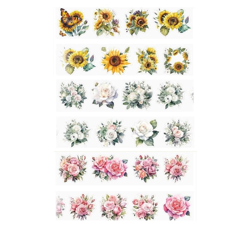 3Rolls Decorative Flower Sticker Water Resistant PET Tape for Scrapbooking Journal Photo Album Skateboard Laptop