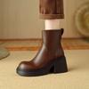 Vintage Brown Leather Ankle Boots Round Toe Chunky Heel Platform Chelsea Women