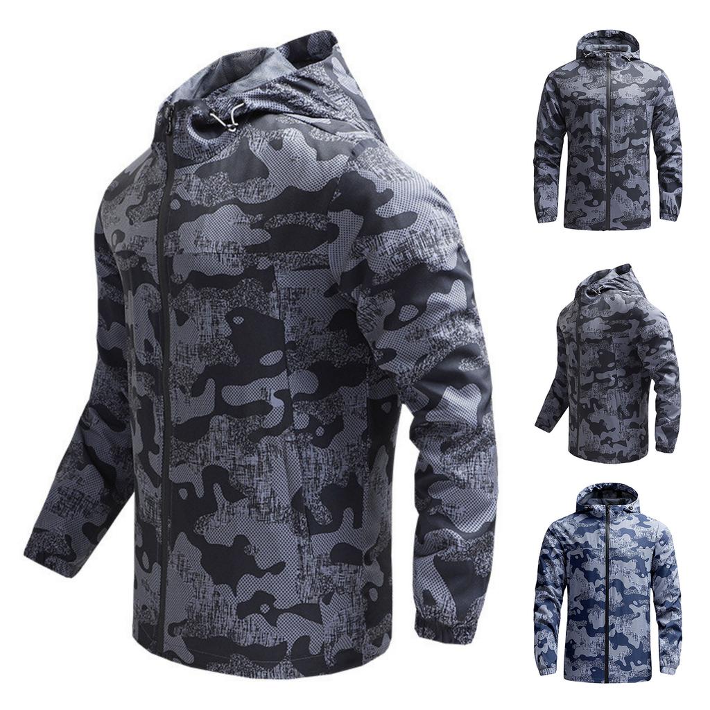 Men's Outdoor Casual Zipper-style Hooded Printed Jacket, Quick-drying Thin Windproof And Waterproof Sports Windbreaker Jacket