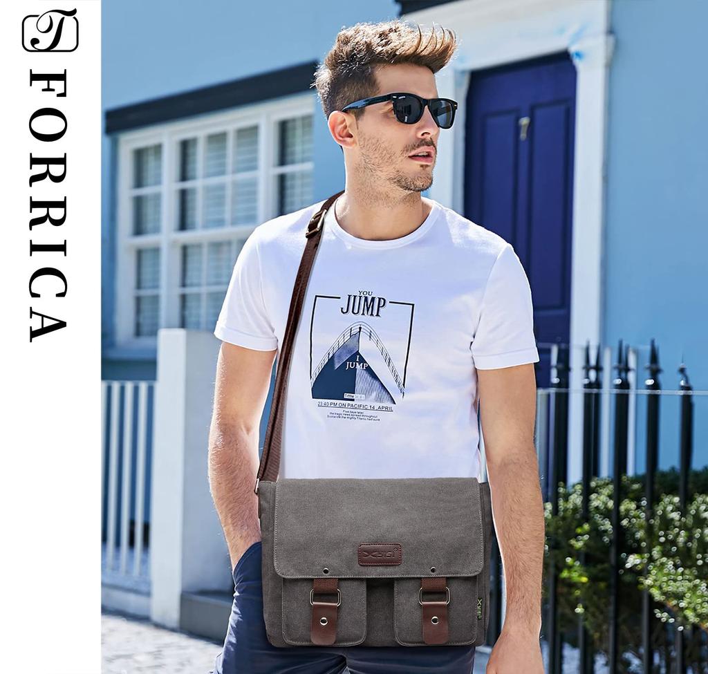 Messenger Bag Retro Leisure Shoulder Bag Canvas Commuting Satchel School Travel Work Business Crossbody Bag Gray [FORRICA] Men's