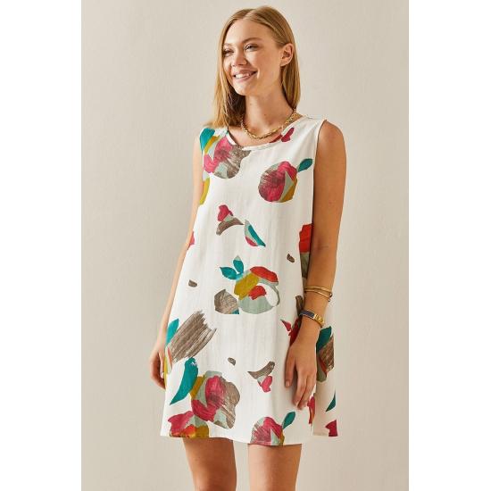 Летнее мини-льняное платье с каменным узором