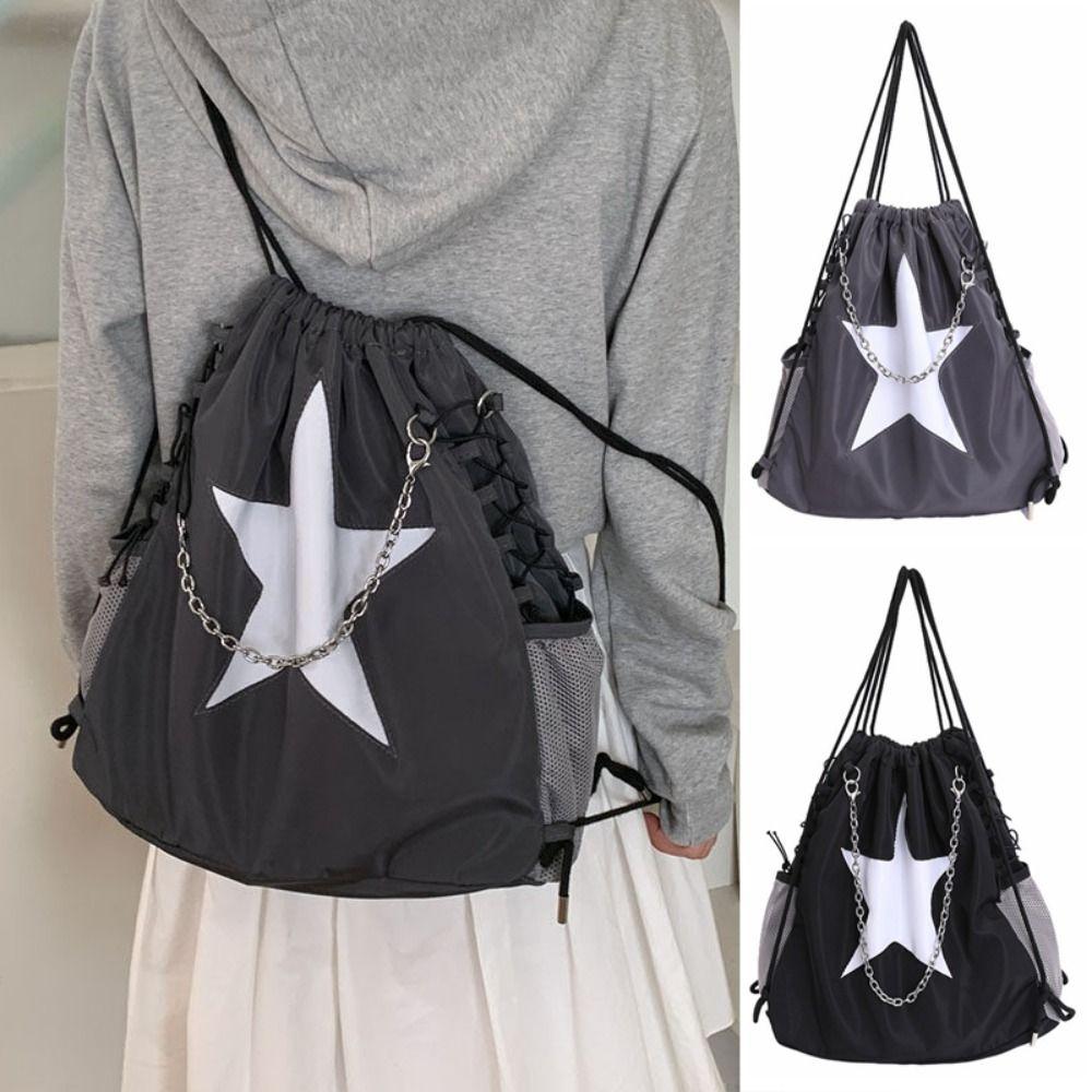 Harajuku Style Star Drawstring Backpacks Y2k Student Schoolbag Simple Nylon Backpacks Men Women
