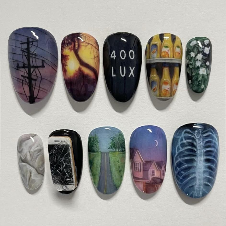 24PCS Dark Almond Press On Nail Full Cover Retro Highway Dusk Pattern French False Nails European Sweet Cool Wearable Fake Nails