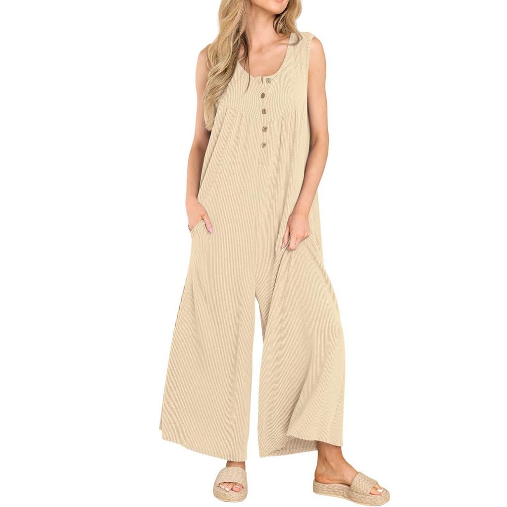 Women's Button Up Solid Color Round Neck Fresh Casual Women's Pocket Jumpsuit