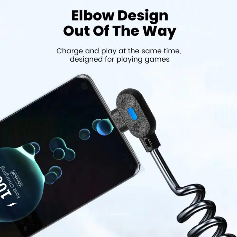 6A USB на Type C Кабель для быстрой зарядки Короткий пружинный кабель Угловой 90° Кабель для передачи данных USB C для Samsung Huawei Xiaomi Провод для зарядки телефона