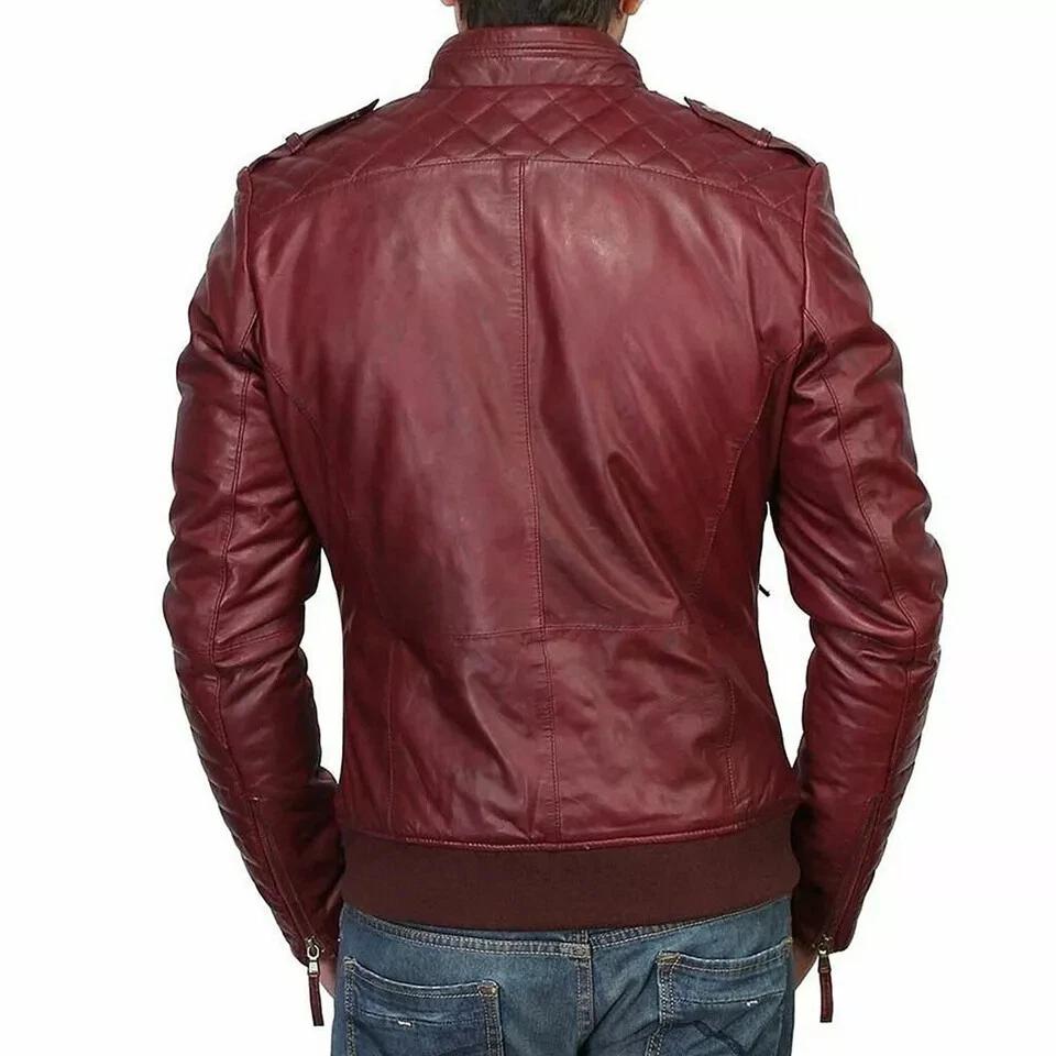 Zipper Jacket Biker Motorcycle Maroon Coat Men's Genuine Lambskin Real Leather