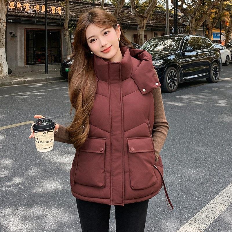Одинарный хлопковый жилет, большой размер, хлопковый жилет на пуху с капюшоном, женский осенне-зимний свободный хлопковый жилет, короткий хлопковый жилет