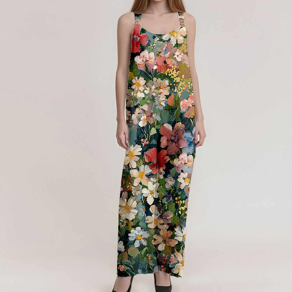 Женский комбинезон с цветочным принтом, повседневный свободный комбинезон из хлопка и льна