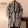 Мужская ветровка с лацканами, длинный рукав, двубортное повседневное пальто, осень-зима, верхняя одежда средней длины, однотонное шерстяное пальто свободного кроя с карманами