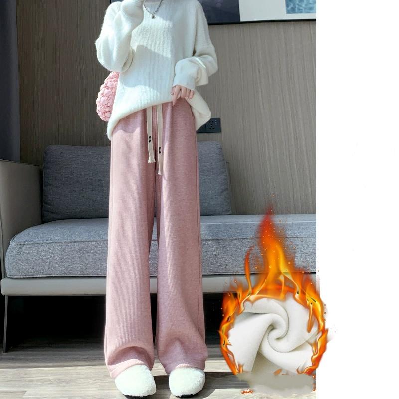 Winter Lady High Waisted Fleece Pants Girls Warm Thermal Straight Leg Trousers Female Classic Solid Drawstring Pants