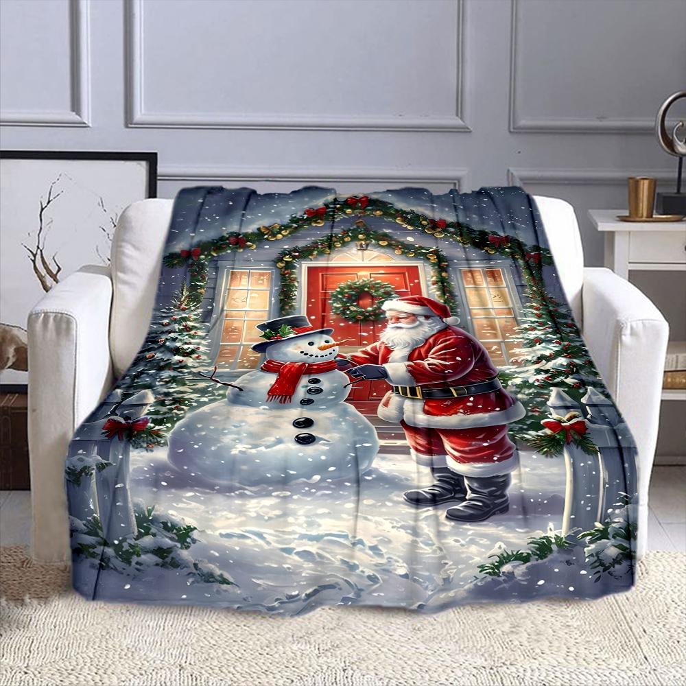 Santa Building Snowman in Festive Yard Patterned flannel blanket perfect for the bedroom living room, sofa, or a little nap