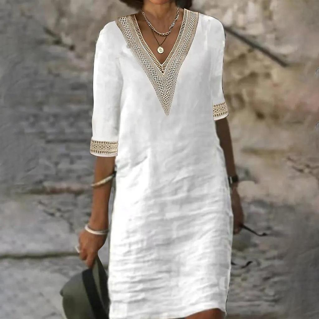 Женское однотонное хлопково-льняное повседневное платье с v-образным вырезом и кружевом среднего размера