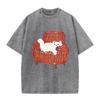 2026 Vintage Oil Painting White Fluffy Cat On Plaid Sofa Graphic Black Acid Washed T Shirt Cute Pet Casual Oversized Unisex Shor