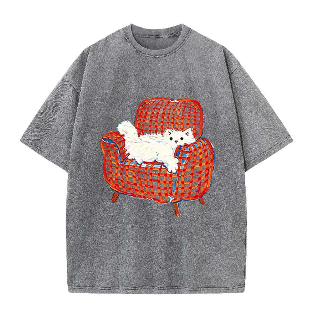 2026 Vintage Oil Painting White Fluffy Cat On Plaid Sofa Graphic Black Acid Washed T Shirt Cute Pet Casual Oversized Unisex Shor