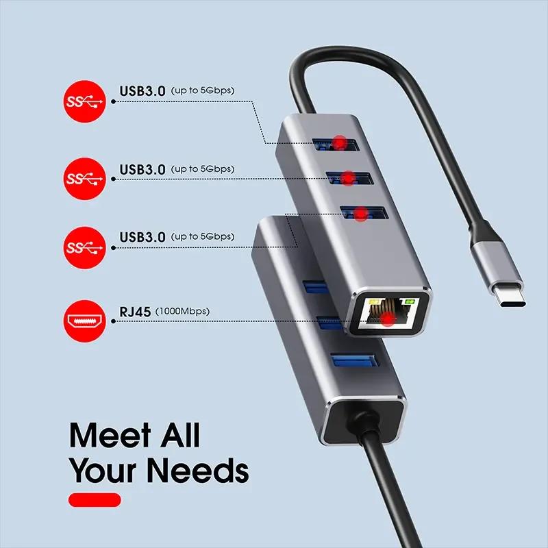 4-в-1 USB C ХАБ 3 порта USB 3.0 Разветвитель LAN RJ45 1000 Мбит/с Сетевой адаптер Гигабитный Ethernet Хаб Удлинитель для ПК Mac Windows