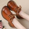 Cowhide Mid Heel Soft Sole Women's Shoes Spring Autumn Lace Up Women Single Shoes Retro Genuine Leather Women Casual Flat Shoes