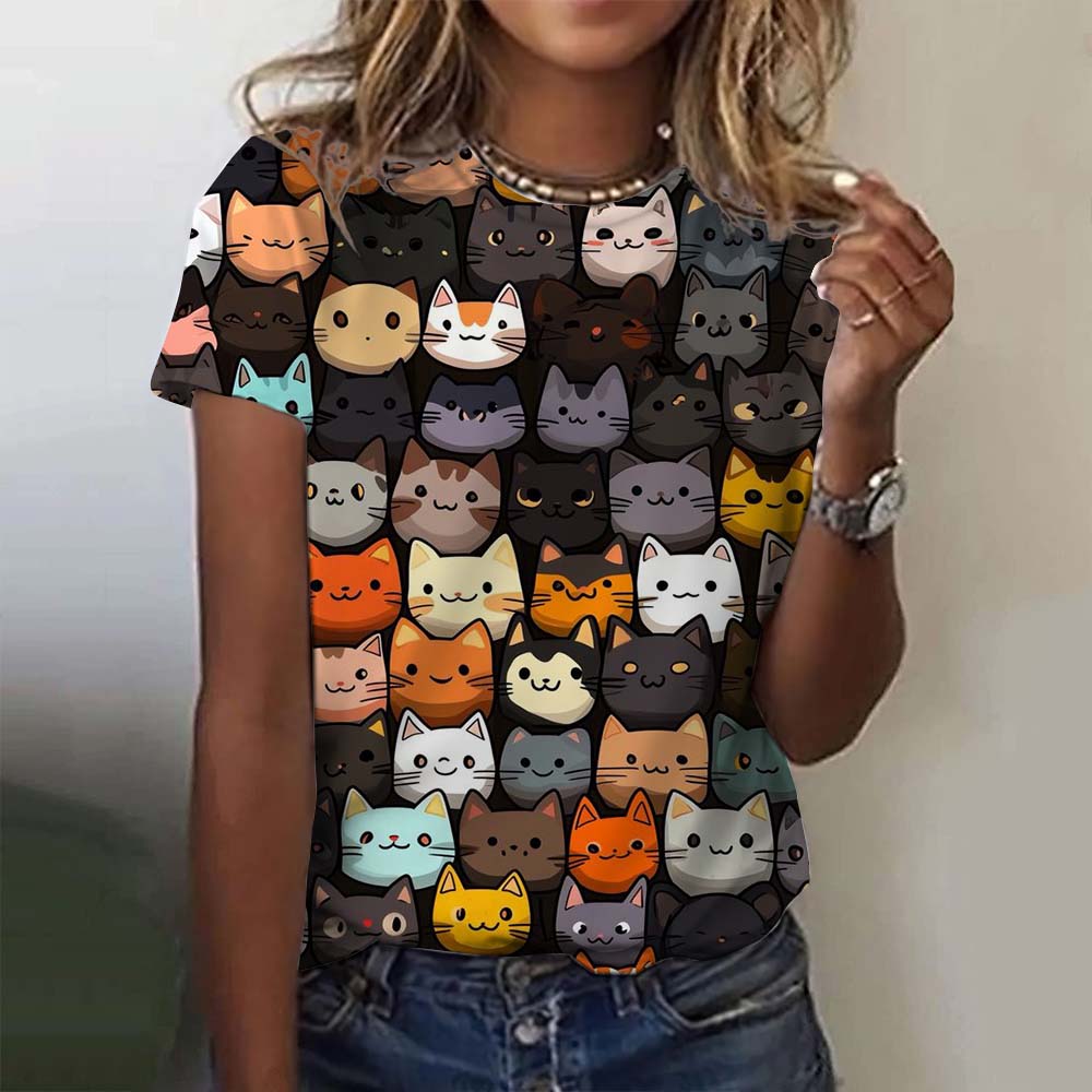 Women Cute Cat Flower Graphic Print Casual Short Sleeve Summer Street Fashion Tops Outdoor