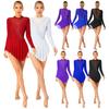 Women Figure Skating Costume Long Sleeve Shiny Rhinestone Sheer Mesh Lyrical Dance Ballet Gymnastics Leotard Dress