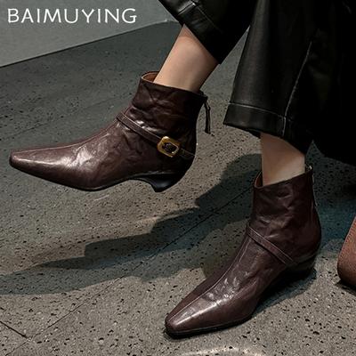 Женские ботильоны с острым носком, дизайнерские кожаные туфли на среднем каблуке 2025 года, трендовые зимние новые модные ботинки челси в готическом стиле Botas De Mujer