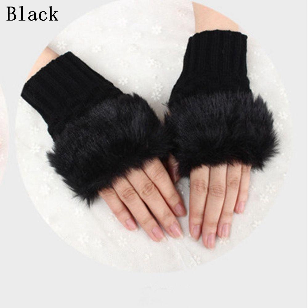 Warm Knitted Sheep Wool Couples Fingerless Mittens Wrist Gloves Faux Rabbit Fur Exposed Finger