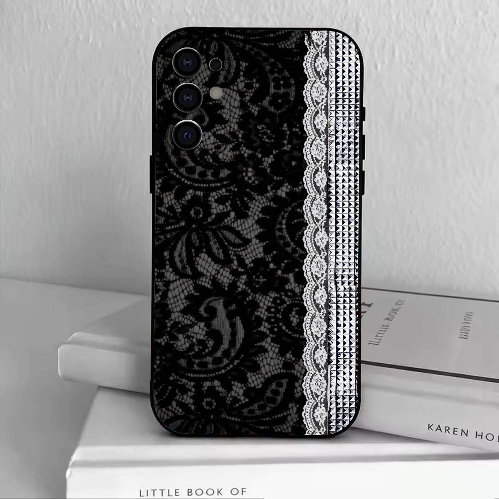 Элегантный дизайн с принтом черного кружева Чехол для телефона для Samsung S25,S24,S21,S22,S23,S30,Ultra,S20,Plus,Fe,Lite,Note,10,Черный чехол
