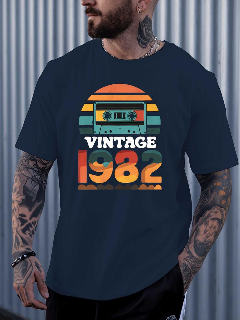 Vintage Cassette Tape 1982 Retro Sunset Graphic Unisexs T Shirt 80s Music Lover Short Sleeve Crew Neck Cotton Birthday Casual Tee