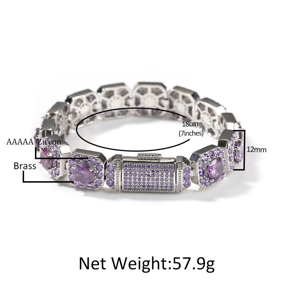 Hip-hop bracelet personalized trendy brand copper inlaid zircon color 12MM rock sugar flip buckle bracelet, same for men and women