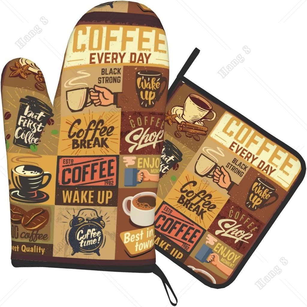 Brown Coffee Oven Mitt and Pot Holder Set Oven Glove for Kitchen Baking Cooking Grilling One Size