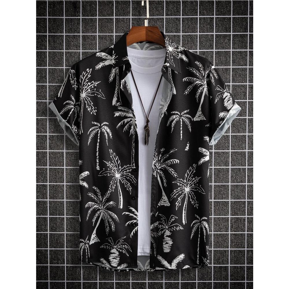 Tropical Coconut Tree Pattern Men's Short Sleeve Button Down Lapel Shirt For Summer Resort Holiday Hawaiian Style Oversized Tops