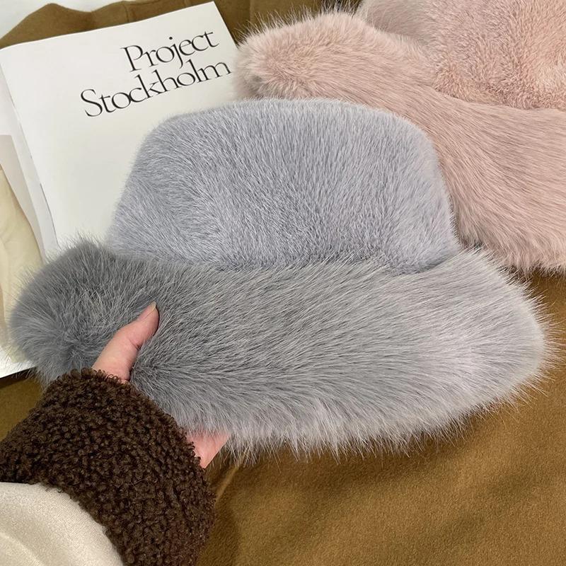 Big Faux Fur Fluffy Bucket Hat for Women Luxury Plush Winter Hat Thicken Snow Oversized Fur Bucket Hat Soft Big Panama Cap