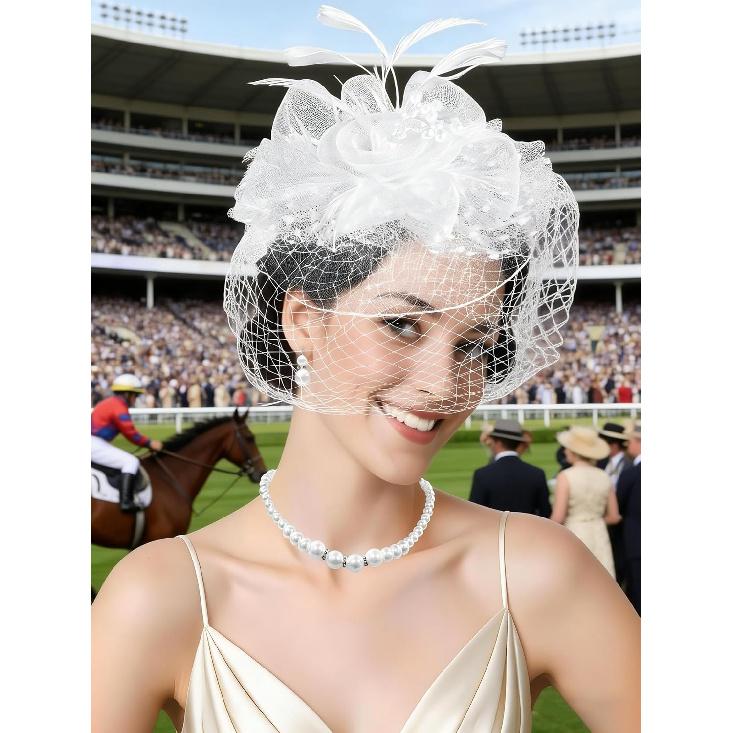 Шляпки-fascinator для женщин Чайная вечеринка Погребальная вуаль Сетчатые шляпы Свадебный набор кружевных перчаток для Коктейля Первое причастие