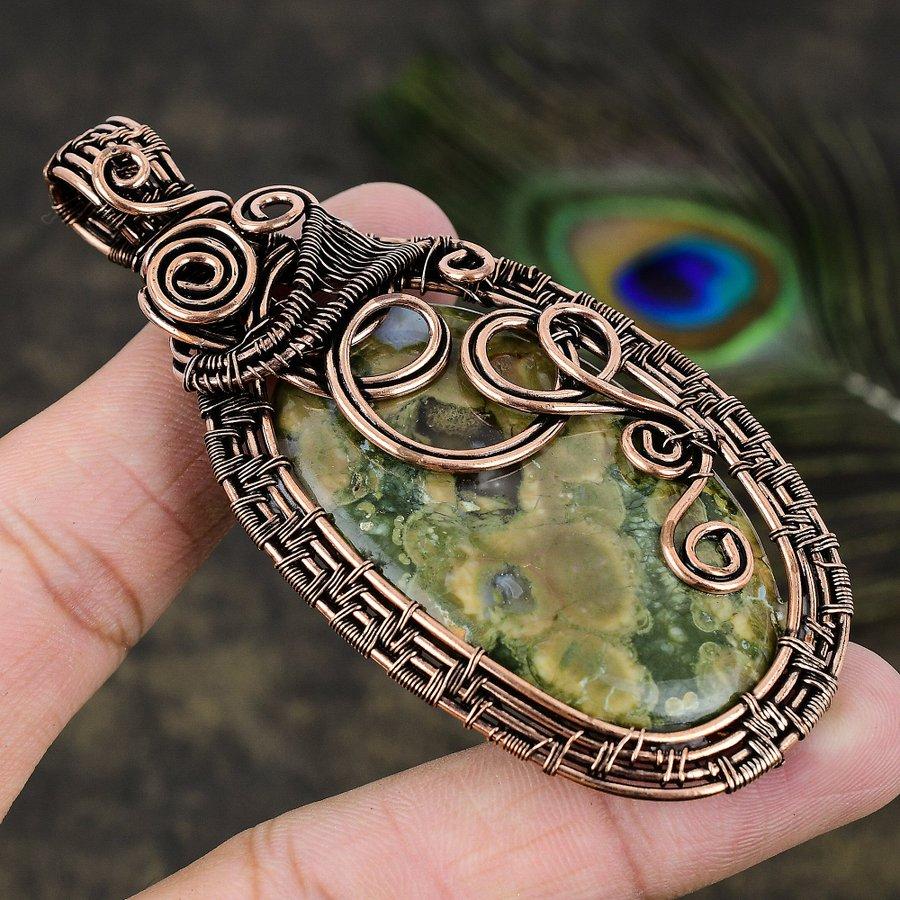 Натуральный камень Яшма тропического леса Медная проволока оплетка Подарок Подвеска 3.47 l5F02