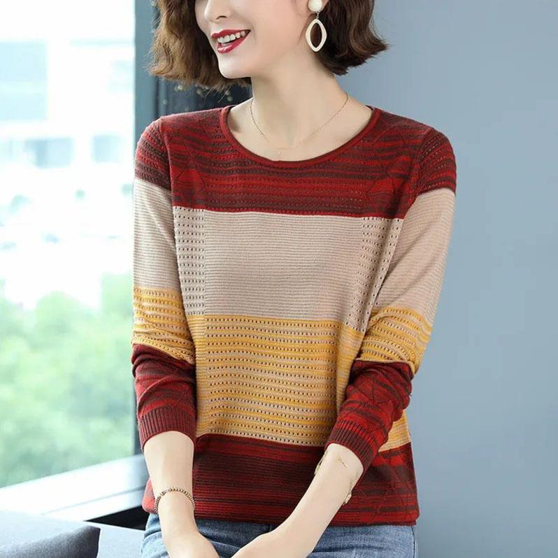 Striped Sweater Knitted Pullover Thin Round Neck Long Sleeves Women's Top Casual Undershirt Commute Spring Autumn