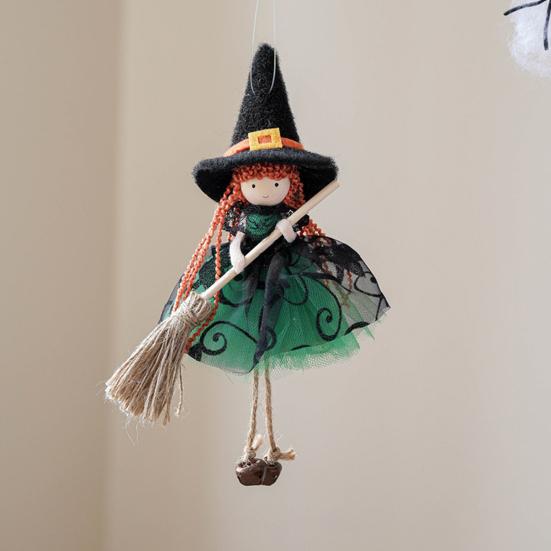 Halloween Witch Doll Decor with Broom Small Witch Figurine with Gauze Skirt Kitchen Hanging Witch Ornament for Room Door Window Halloween Decor