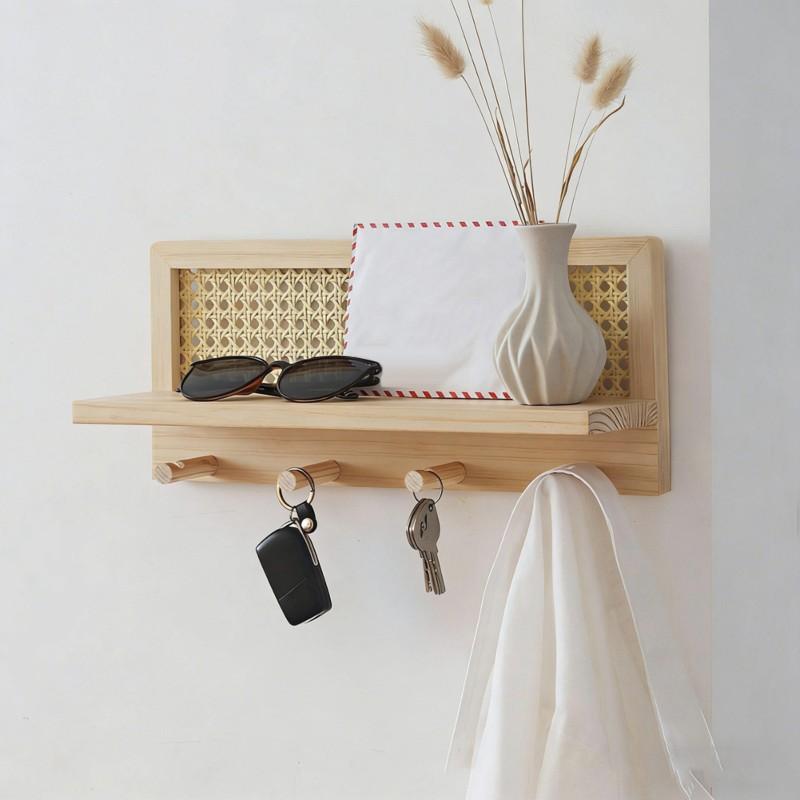 Wall-Mounted Storage Rack In Modern Minimalist Style-Woven Key Hook And Magazine Holder 2Pc In Pine Wood