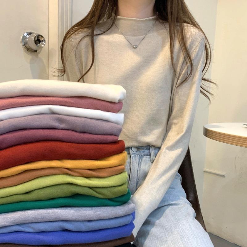 Semi-turtleneck Bottoming Shirt Women's Black Slim-fitting Sweater Inside White Thin Knitted Sweater Autumn and Winter Top