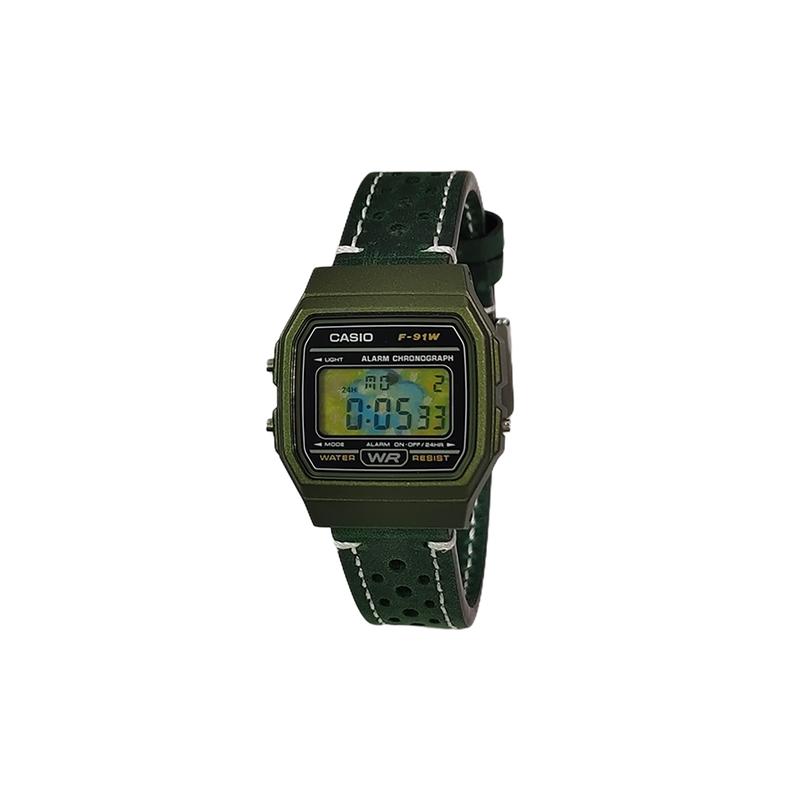 Casio Индивидуальные часы модифицированная серия Часы Луг Озеро Зеркало Зеленый смоляной корпус Ретро маленькие квадратные часы F-91WM-3A(Watch5-GaiZhuang-QingYeTuZong)