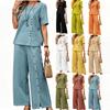 Women's Fashionable Loose Round-neck Button Short-sleeved Shirt and Wide-leg Pants Set